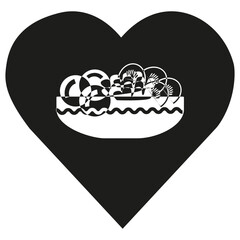 Fruit salad icon. Bowl of fruits. Heart background shape. Vector dessert symbol.