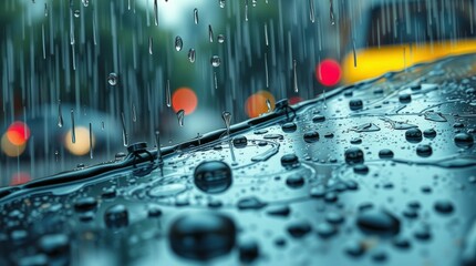 Rainy Day Reflections: Capturing a detailed shot of rain droplets on a car surface, the photo offers an atmospheric perspective of a rainy city day.