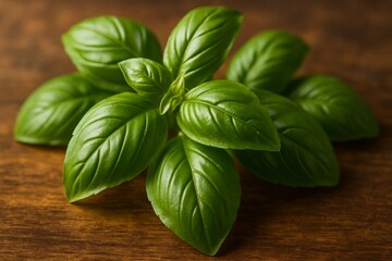 Fresh basil leaves on rustic wood