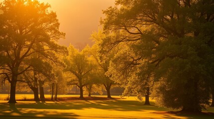 Golden Sunset over the Park: Bathed in the warm embrace of a golden sunset, a serene park presents a breathtaking vista of lush trees, verdant grass, and an atmosphere of calm.