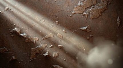 Cracked surface: Dramatic light rays illuminate a weathered, cracked surface, highlighting the textures and patterns in this abstract scene, creating a compelling visual narrative.