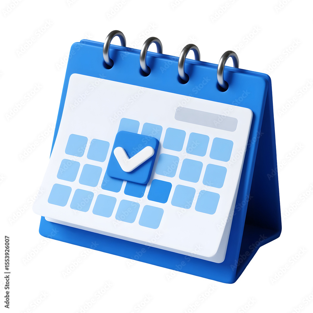 Poster blue 3 d desk calendar with checkmark on grid of squares 2025 06 18 png isolated on a transparent ba