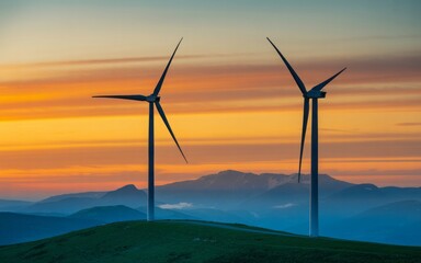 Obraz premium Wind turbines stand tall at sunset, generating clean energy, against mountain silhouettes and an orange tinted sky.