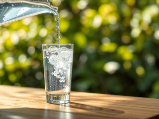 Clear glass of water being poured outdoors with natural green bokeh background, symbolizing freshness and purity. Generative AI