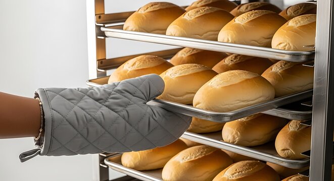 Baker carefully removing a tray of freshly baked golden brown bread rolls from a metal rack inside a professional bakery kitchen symbolizing delicious artisanal baking and wholesome food production