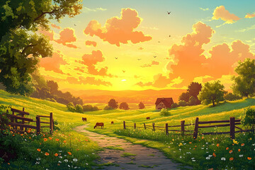 A golden sunset illuminates a country landscape, casting warm light over fields, trees, and distant hills
