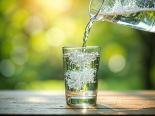 Clear glass of water being poured outdoors with natural green bokeh background, symbolizing freshness and purity. Generative AI