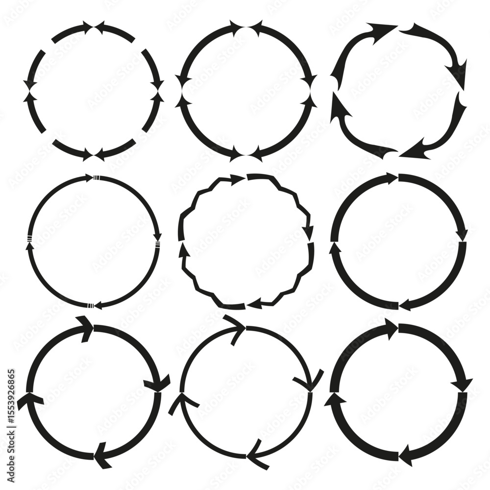Poster circular arrow collection. reload cycle symbols. round rotation elements. vector progress icons.