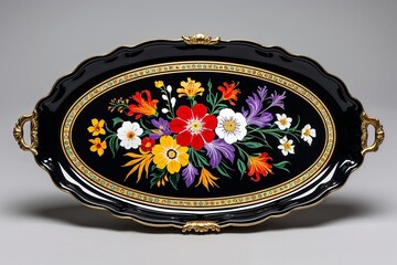 Elegant black floral tray with gold accents