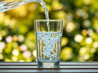 Clear glass of water being poured outdoors with natural green bokeh background, symbolizing freshness and purity. Generative AI