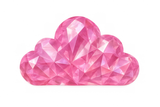 Pink crystal cloud symbolizing digital storage, data backup, and technological innovation, rendered with transparent background for seamless design integration