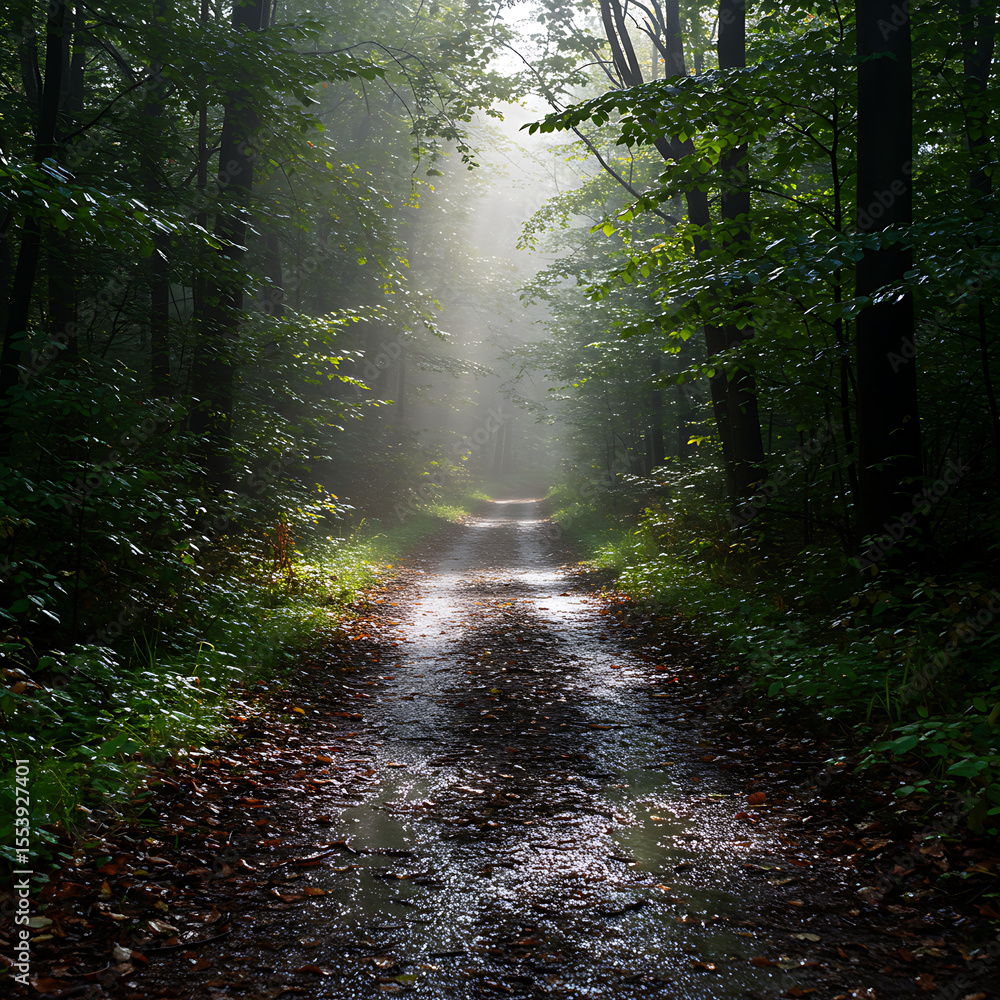 Aufkleber a mysterious, wet path through a dark forest with sunbeams filtering through the trees and fog. an a