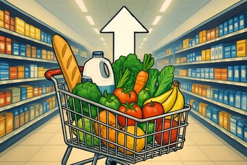 Shopping cart with groceries and growth arrow