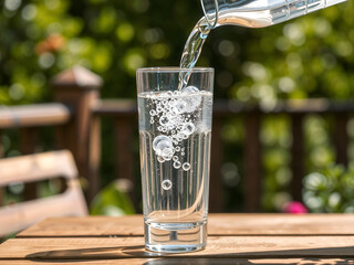 Clear glass of water being poured outdoors with natural green bokeh background, symbolizing freshness and purity. Generative AI