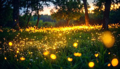 A sun-drenched field at twilight, teeming with luminous fireflies illuminating the verdant grass, creating a magical, ethereal glow amidst the silhouetted trees