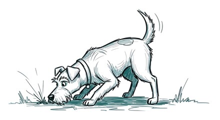 Obraz premium Cartoon Dog Sniffing: Adorable Terrier with Wagging Tail Investigating Ground in a Hand-Drawn Style Illustration Perfect for Children's Books and Pet Product Ads