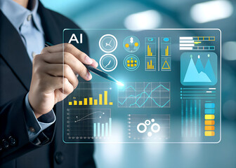 Businessman using AI interface with financial data analysis and graphs