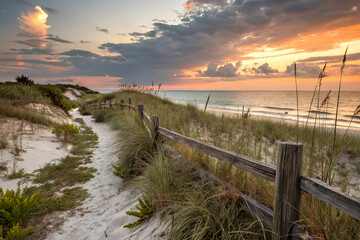 Scenic illustration showcases beach sand dunes by sea under dramatic sky. Old wooden fence, grass, weeds. Golden hour sunset, blue sea horizon. Nature, travel, vacation, and outdoor recreation