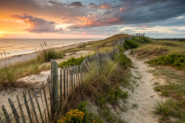 Scenic illustration showcases beach sand dunes by sea under dramatic sky. Old wooden fence, grass, weeds. Golden hour sunset, blue sea horizon. Nature, travel, vacation, and outdoor recreation