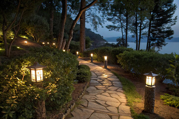 Solar lanterns illuminate stone garden path at night. Warm lights along pathway through green bushes, trees. Night photography for landscaping, home decor, outdoor design inspiration