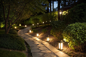 Solar lanterns illuminate stone garden path at night. Warm lights along pathway through green bushes, trees. Night photography for landscaping, home decor, outdoor design inspiration