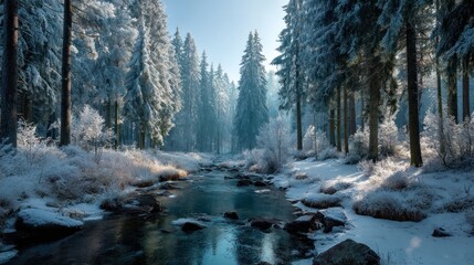 Serene winter wonderland: Frozen river amidst snow-covered trees in a forest scene