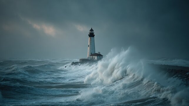 Dramatic lighthouse scene with stormy seas and crashing waves under a cloudy sky - Powered by Adobe