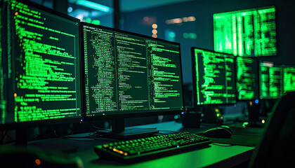 AI Code on Black Terminal Screen in Dark Room. AI themed Background. Generated Image