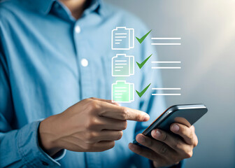 Man using smartphone with checklist icons for task management and productivity