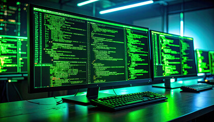 AI Code on Black Terminal Screen in Dark Room. AI themed Background. Generated Image