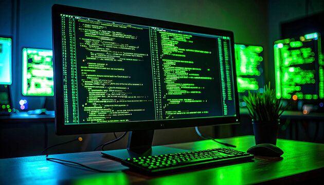 AI Code on Black Terminal Screen in Dark Room. AI themed Background. Generated Image - Powered by Adobe