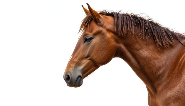 A magnificent brown horse with a white blaze stands against a clean white background, showcasing its powerful neck and elegant head. - Powered by Adobe