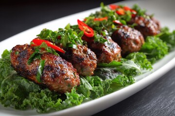 Tender lamb kofta kebab seasoned with spices topped with herbs and chili resting on fresh kale on a white plate against a dark backdrop viewed up close in a horizontal format