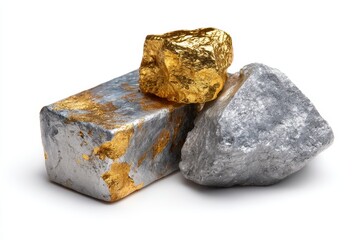 Pure gold and platinum from the mine set against a white backdrop with a clipping path