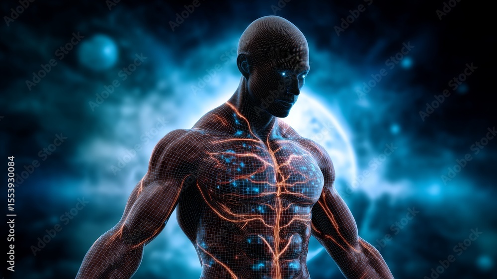 Poster futuristic humanoid design with advanced neural network and flexible appearance in a sci-fi environm