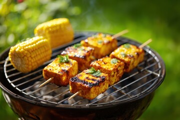 Grilled halloumi or tofu kebabs with corn on a portable BBQ on a green lawn representing a healthy summer outdoor lifestyle and vegan cuisine