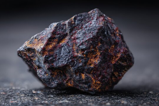 Close up of a rough Knopite rock on a dark granite backdrop from Afrikanda Kola Peninsula Russia