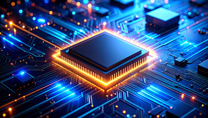 Futuristic AI Chip on Reflective Surface with Copy Space. AI themed Background. Generated Image