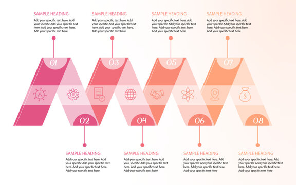 Gradient infographic template in zig zag format, 8 Stages Curved Zig Zag Timeline