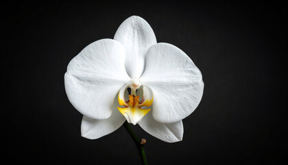 Solitary white orchid with delicate petals resembling ethereal clouds stands majestically against dark background, showcasing its beauty and elegance