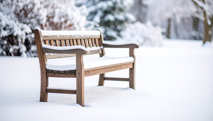 Solitary wooden bench, weathered by passage of time, stands covered in blanket of snow, creating serene winter scene that invites reflection and tranquility
