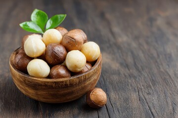 Macadamia nuts in a wooden bowl on a textured wood surface Empty space Superfood plant based diet idea Close up of macadamia texture focused Nutritious snack