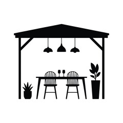 Outdoor dining area with table chairs and plants under a canopy