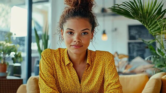 Young woman in cozy caf?, relaxed atmosphere, plants