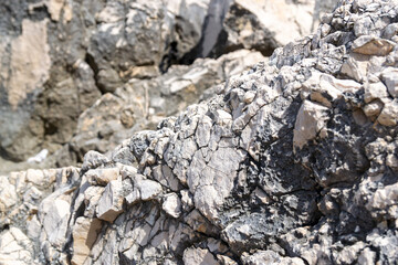  Close-up of cracked and weathered limestone rock texture on a sunny day, Adriatic coast. texture, background, copy space