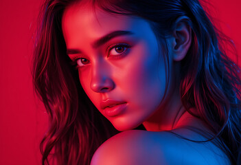 A captivating close-up portrait of a young woman, bathed in vibrant neon red and blue lighting.