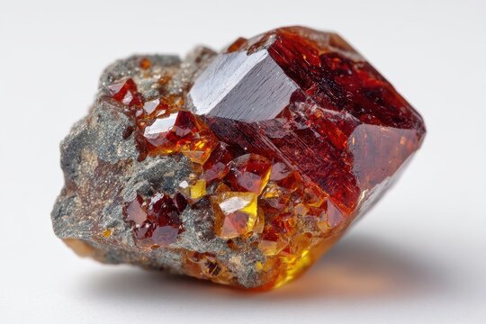 Close up photo of unprocessed sphalerite mineral from a geology collection on a white backdrop