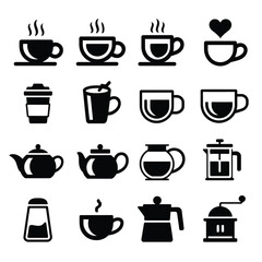 Collection of black and white icons representing coffee and tea beverages and accessories