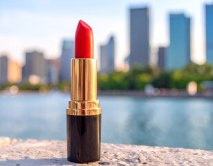 Vibrant red lipstick stands prominently against blurred cityscape, capturing essence of urban beauty and elegance. contrast of bold color with serene background evokes sense of confidence