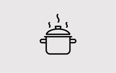 Simple line art icon of a steaming cooking pot on a light grey background